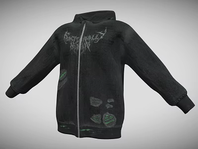Black Zip Up Hoodie With Green Graphics And Casual Streetwear Design 3d model