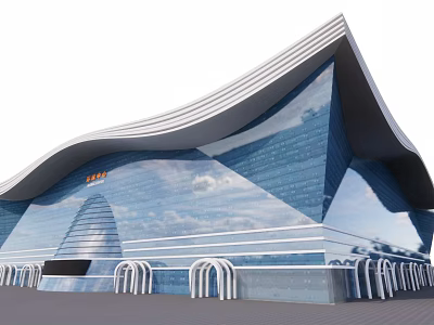 Modern Architectural Building Exterior Featuring Blue Glass Curtain Walls Wavy Roof And White Arched Structures 3d model