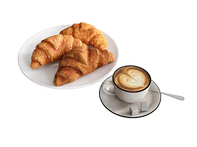 Freshly Baked Croissants with Latte Foam Art on White Plate with Sugar Cubes and Spoon 3d model