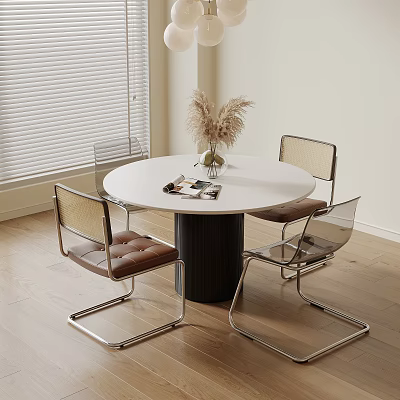 Modern Dining Space With Round White Table Black Leg Brown Cushioned Transparent Backrest Chairs Vase 3d model