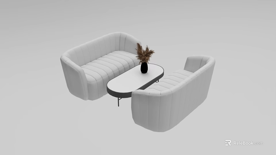 Modern White Sofa and Coffee Table Set With Oval Table and Decorative Vase 3d model 