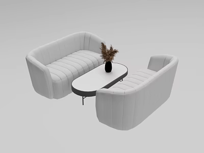 Modern White Sofa and Coffee Table Set With Oval Table and Decorative Vase 3d model