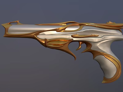 Futuristic Ornate Pistol Weapon with Silver Gold Metallic Finish Elegant Curves Decorative Patterns 3d model