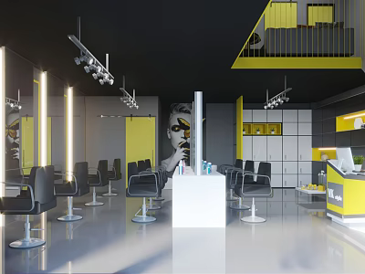 Modern Hair Salon Interior With Black Styling Chairs White Counter And Yellow Accents 3d model