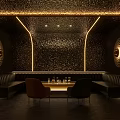 Modern Bar Interior With Ambient Lighting Leather Sofas And Patterned Wall Panels
