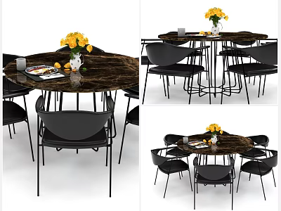 Round Marble Top Dining Table Set With Black Metal Leg Chairs And Yellow Flower Decor 3d model
