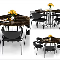 Round Marble Top Dining Table Set With Black Metal Leg Chairs And Yellow Flower Decor