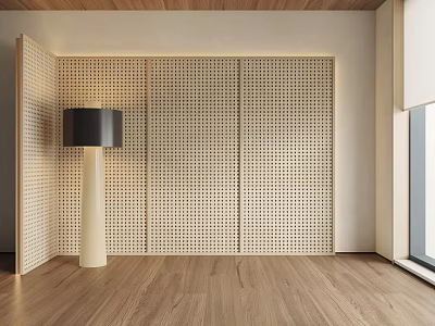 Modern Wooden Perforated Room Divider in Interior with Floor Lamp and Wooden Flooring 3d model