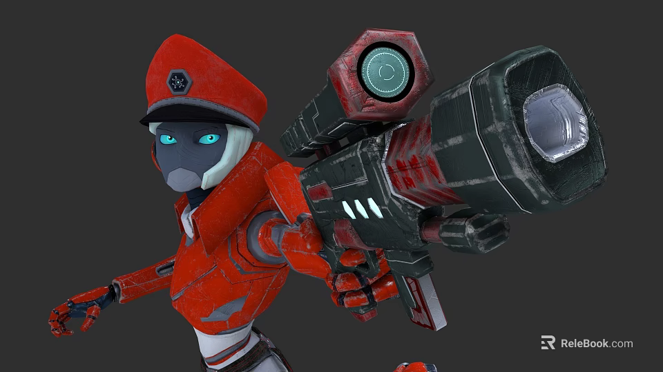 Woman In Red Mecha Suit With Red Hat Holding Large Futuristic Weapon 3d model 
