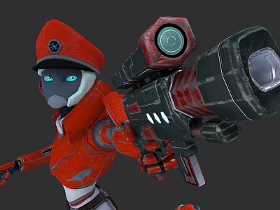 Woman In Red Mecha Suit With Red Hat Holding Large Futuristic Weapon 3d model