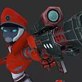 Woman In Red Mecha Suit With Red Hat Holding Large Futuristic Weapon