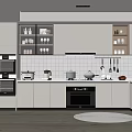 Modern White Kitchen Interior With Built In Oven Microwave Tile Backsplash And Hanging Utensils