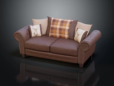 Classic Brown Leather Two Seater Sofa With Plaid And Beige Patterned Cushions And Curved Arms 3d model