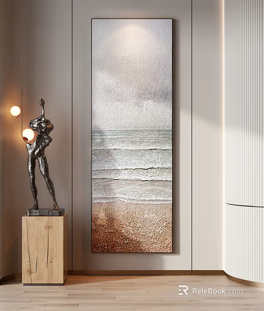 Modern Luxury Interior Featuring Black Sculpture Wooden Base Pendant Lights And Vertical Sea Wave Painting 3d model 