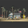 Tropical Garden Landscape With Palm Trees Beach Cabin Wooden Dock Benches And Surfboard