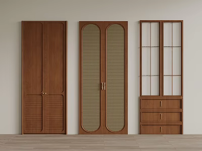 Modern Wooden Wardrobe Doors Featuring Lattice Design Glass Panels And Gold Handles 3d model