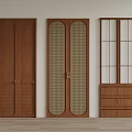 Modern Wooden Wardrobe Doors Featuring Lattice Design Glass Panels And Gold Handles