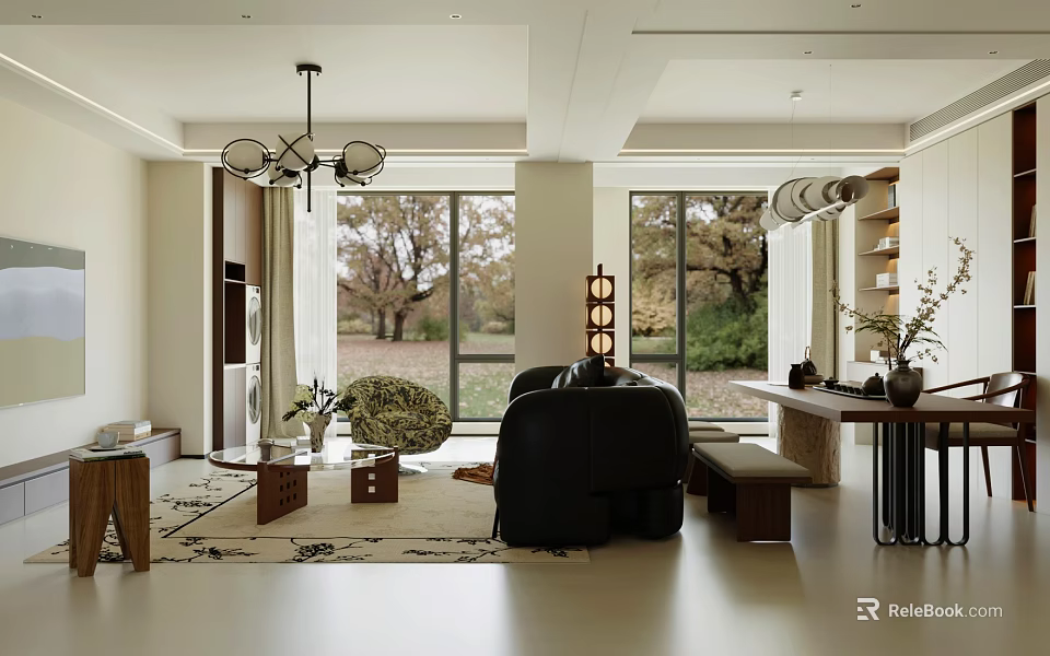 Modern Living and Dining Room Interior With Chandelier Large Windows Black Leather Sofa And Plants 3d model 