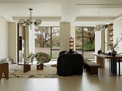 Modern Living and Dining Room Interior With Chandelier Large Windows Black Leather Sofa And Plants 3d model