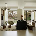 Modern Living and Dining Room Interior With Chandelier Large Windows Black Leather Sofa And Plants