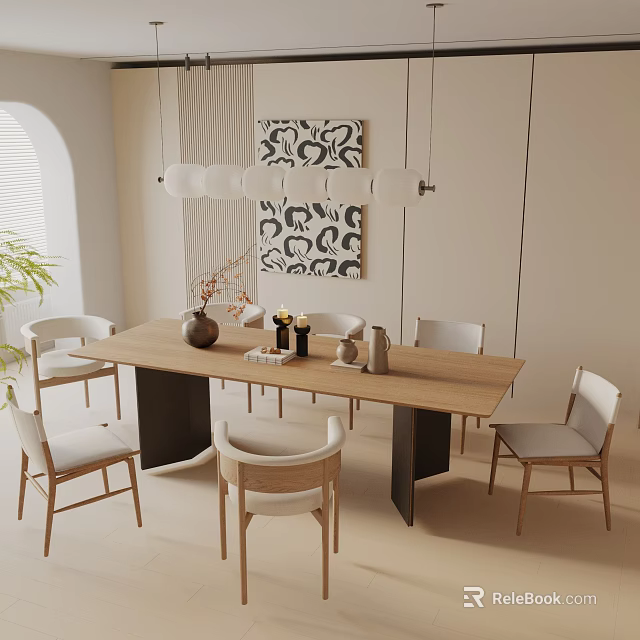 Modern Dining Table Set With Wooden Table Light Chairs Hanging Lights And Artwork 3d model 