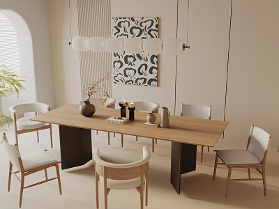 Modern Dining Table Set With Wooden Table Light Chairs Hanging Lights And Artwork 3d model