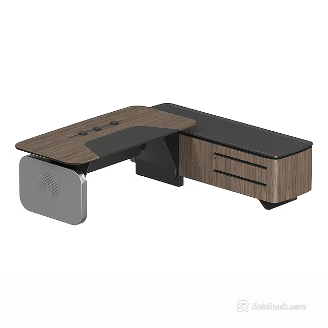 Modern Office Desk With Wooden Top Black Accents And Drawer Storage 3d model 