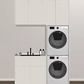 White Balcony Cabinet With Stacked Washer Dryer And Sink Storage Design