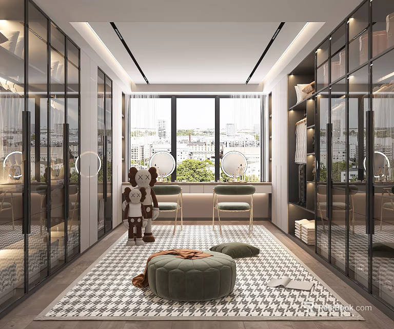 Spacious Walk In Closet With Natural Light Glass Wardrobes And Pouf 3d model 