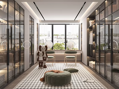 Spacious Walk In Closet With Natural Light Glass Wardrobes And Pouf 3d model