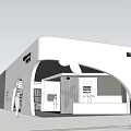 Modern Exhibition Hall Exterior With Streamlined Roof White Structure And Glass Entrance