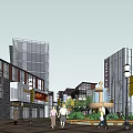 Commercial Street With Modern And Traditional Buildings Greenery Plaza Pathways And River