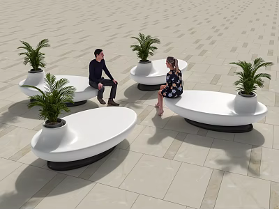 Modern Outdoor Public Chairs With Green Plants And People Sitting In Plaza Setting 3d model