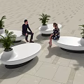 Modern Outdoor Public Chairs With Green Plants And People Sitting In Plaza Setting