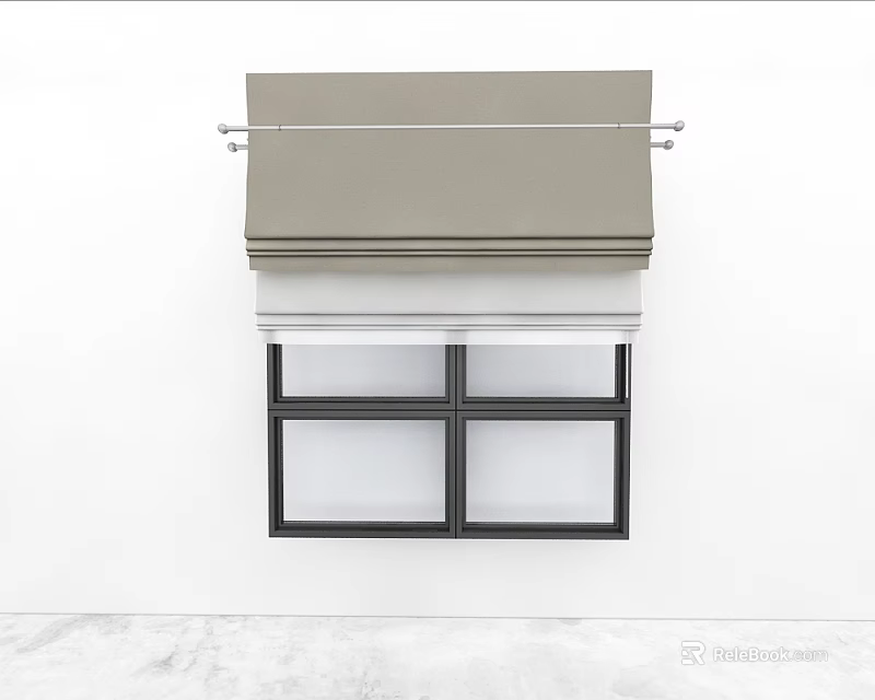 Gray Roller Curtain Mounted on Metal Rod Above Window with Black Frame and White Wall 3d model 