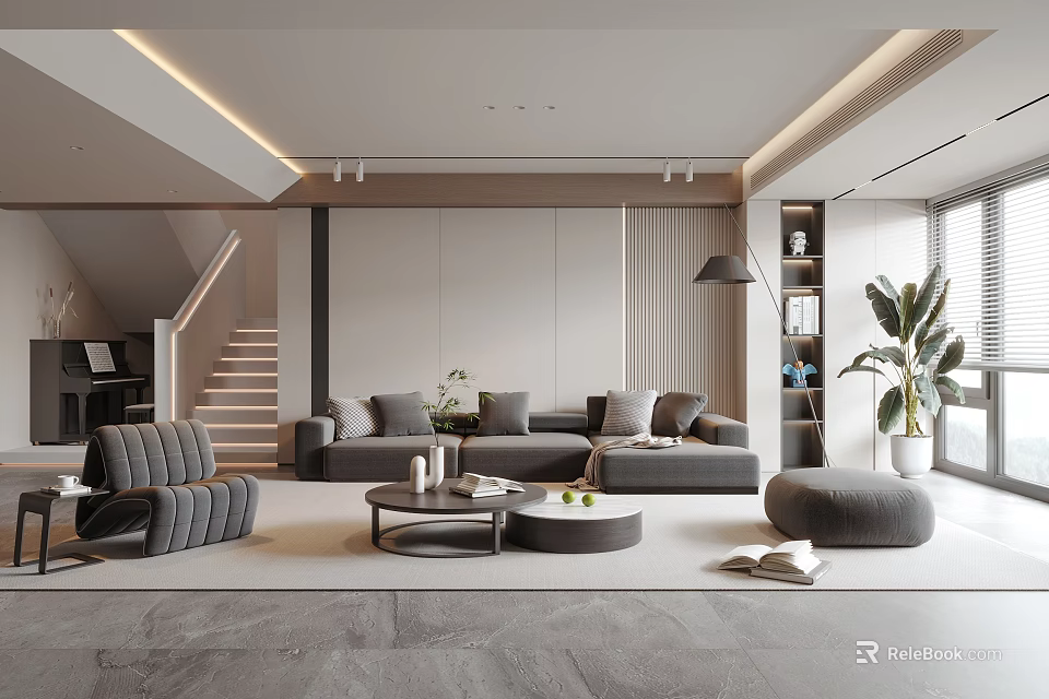 Modern Minimalist Living Room Interior With Grey Sofa Round Coffee Table And Potted Plant 3d model 