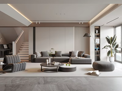 Modern Minimalist Living Room Interior With Grey Sofa Round Coffee Table And Potted Plant 3d model
