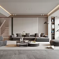 Modern Minimalist Living Room Interior With Grey Sofa Round Coffee Table And Potted Plant