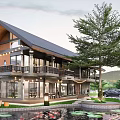 Modern Detached Villa With Wooden Roof Large Glass Windows And Off Road Vehicle In Grassland