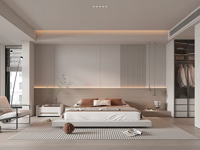 Modern Minimalist Bedroom Interior With White Bed Nightstand Chair Wardrobe Rug Plants And Pendant Lights 3d model