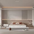 Modern Minimalist Bedroom Interior With White Bed Nightstand Chair Wardrobe Rug Plants And Pendant Lights