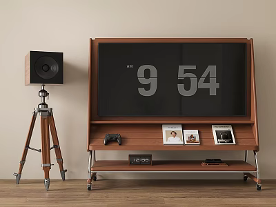 Wooden TV Stand With Large Screen Photo Frames Game Controller And Tripod Speaker 3d model