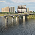 Modern Concrete Bridge Over River With Moving Vehicles And Distant Buildings