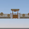 Traditional Roofed Entrance With Stone Wall Bamboo Fence Circular Decorations And Wooden Gate