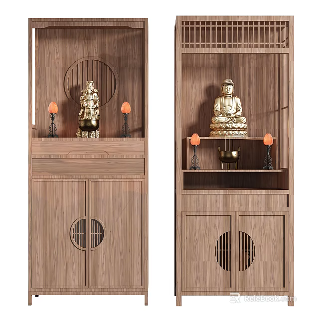 Wooden Buddhist shrine cabinet featuring Buddha statue candles and decorative circular lattice design 3d model 