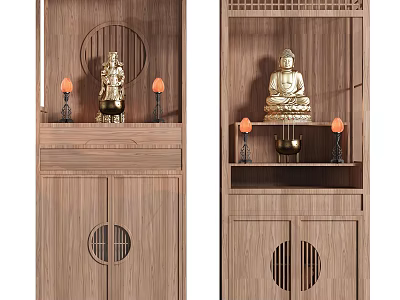 Wooden Buddhist shrine cabinet featuring Buddha statue candles and decorative circular lattice design 3d model