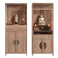 Wooden Buddhist shrine cabinet featuring Buddha statue candles and decorative circular lattice design
