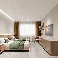 Hotel Room Interior with Twin Beds Green Pillows Wooden Wardrobes Bedside Tables and Window Curtains