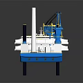 Blue And White Water Vessel Featuring Yellow Crane And Multiple White Chimneys For Marine Construction