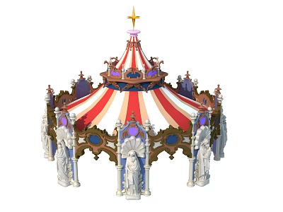 Carousel Inspired Tent Featuring Red White Stripes Golden Star Decorative Statues and Blue Purple Accents 3d model